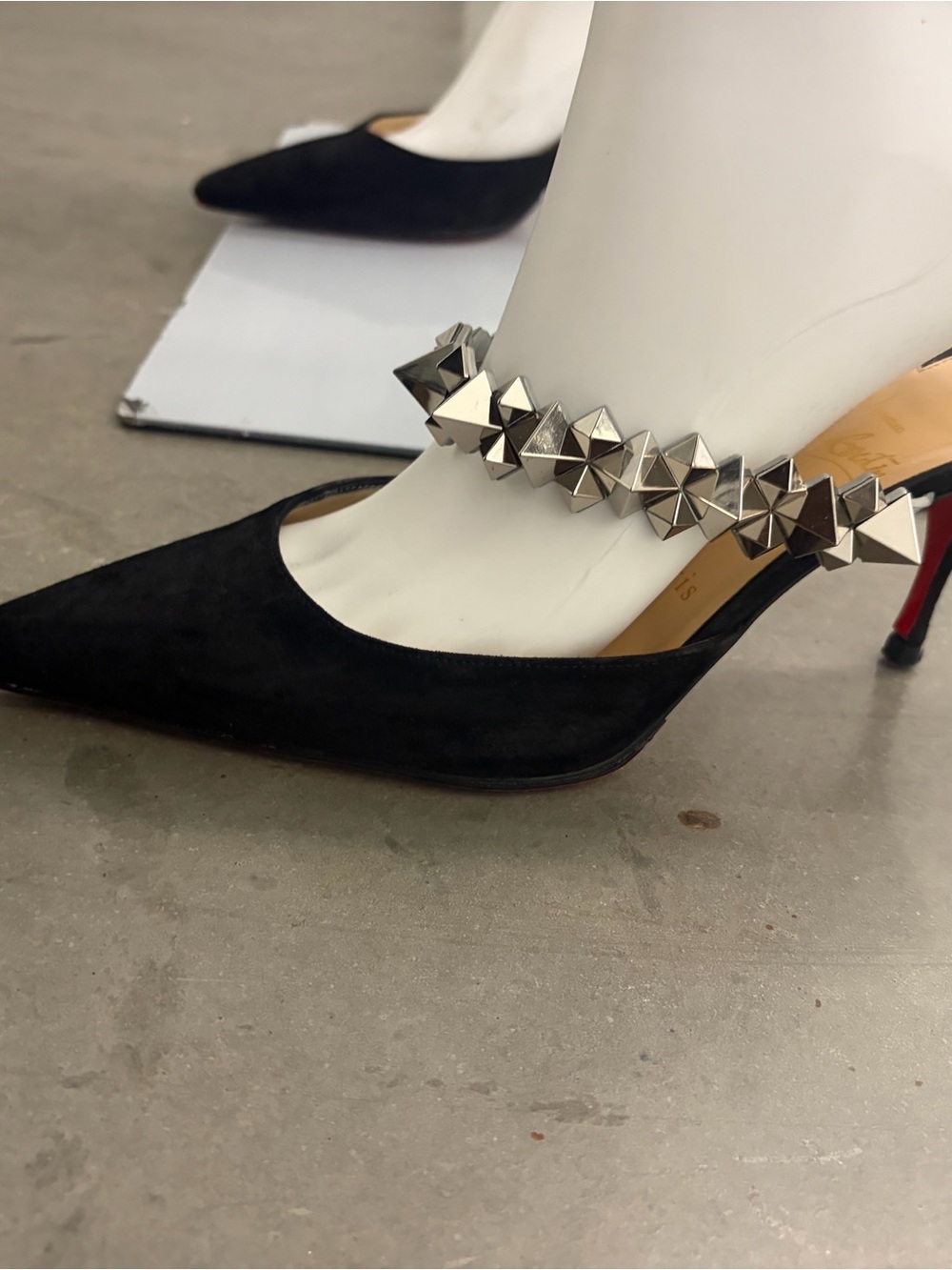 CHRISTIAN LOUBOUTIN BLACK SUEDE SILVER STUDDED ANKLE STRAP POINTED TOE HEELS - Picture 6 of 12